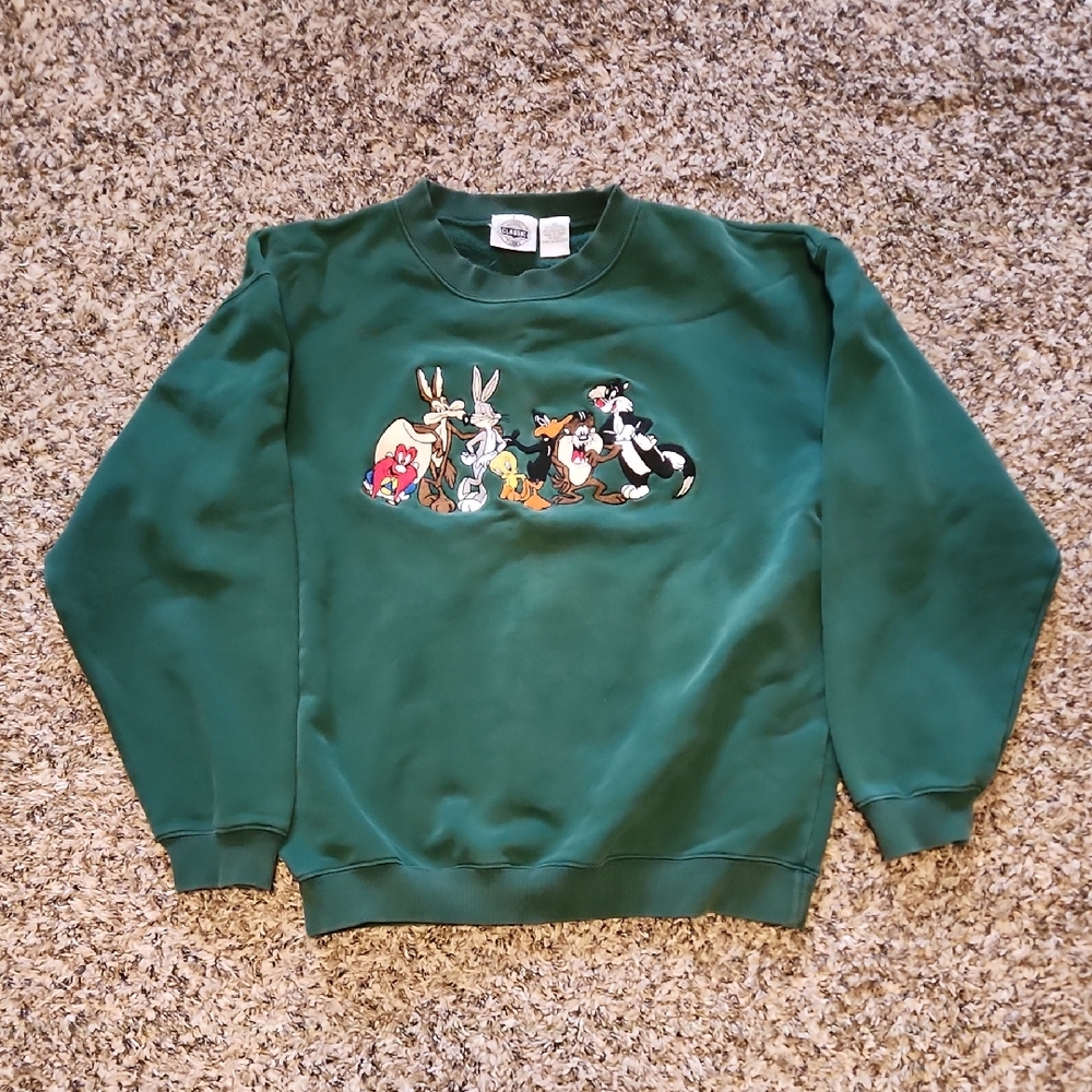 Warner Bros. Green Crewneck Sweater with Looney Tunes Characters